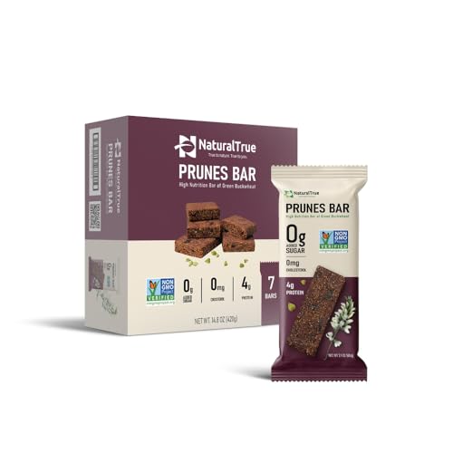 Natural True protein bars low sugar high protein Snack, gluten free, Vegan, Non-GMO, Kosher, Healthy bars, No Palm Oil, plant-based, Made in USA Green Buckwheat Prune Bar (7 Bars)