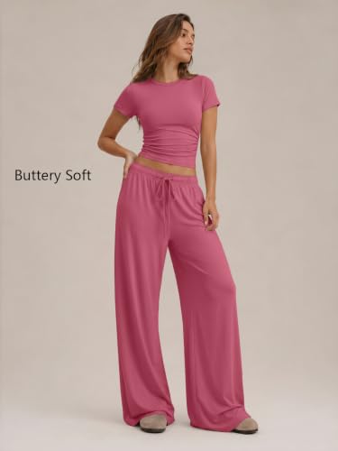 Image of Trendy Queen 2 Piece Matching Summer Lounge Set Womens Side Ruching Top Wide Leg Pants Sets with Pockets