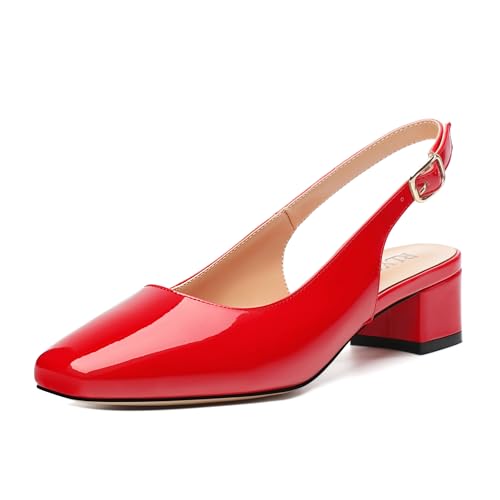 Women's Pumps, Slingback Buckle Low Heels, Square Toe Fashion Patent Shoes for Women 1.3 inch