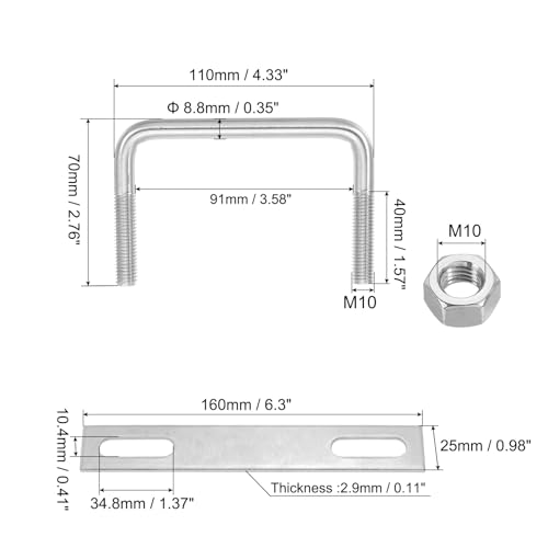 Image of PATIKIL M10x90x70mm Square U-Bolts Kit, 2Set 304 Stainless Steel Square U Shaped Bolts Replacement Parts with Frame Plates and Nuts for Ski Board Sailboat Trailer