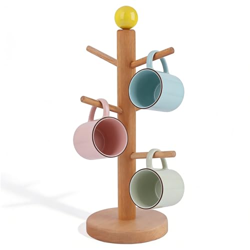 Tall Solid Beech Wood Mug Tree with 6 Hooks, 29cm Height Coffee Cup Holder with Yellow Ball Finial, Round Base Mug Rack for Kitchen Counter, Adhesive Branch Assembly, Space-Saving Coffee Bar Organizer