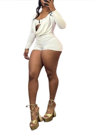 Ophestin Womens Sexy Cowl Neck Long Sleeve Jumpsuits Bodycon Date Night Rompers White M