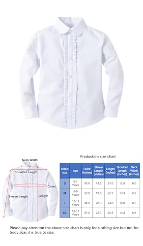 Bienzoe Girls Shirt Long Sleeve: White Button Up Kids School Uniform Cotton Oxford Collared Ruffle Dress Blouse2