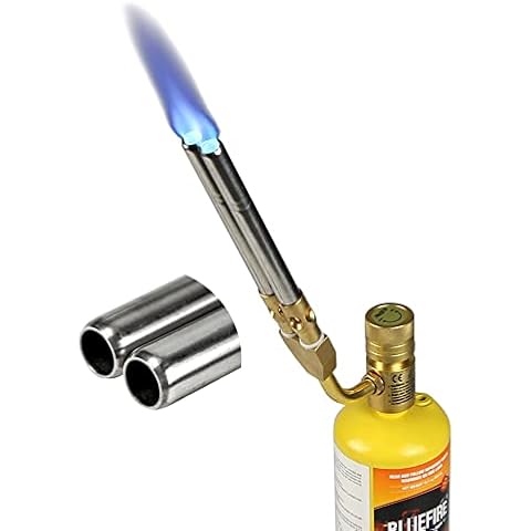 BLUEFIRE Double Flame Jet Turbo Torch Head High Output 17060 BTU Full Metal Heavy Duty Manual Ignition Gas Welding Dual Tubes Blowtorch Nozzle Fuel by MAPP MAP Propane Brazing Soldering Flamethrower Cover