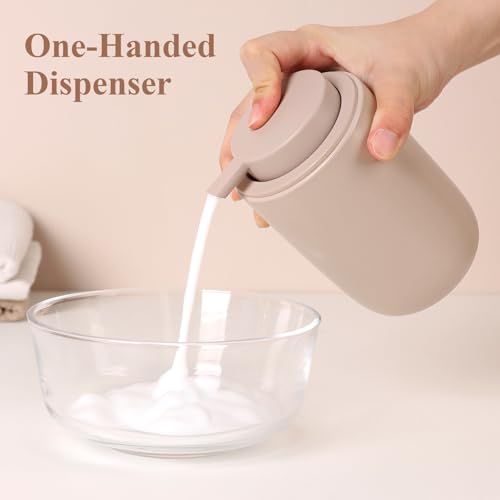 Image of BosilunLife Foaming Soap Dispenser Set - Khaki Ceramic Foam Hand Dispenser 12oz Soap Dispenser Set with Rust Proof Pump, 4Pcs Clear Stickers for Kitchen, Bathroom - 2 Pack