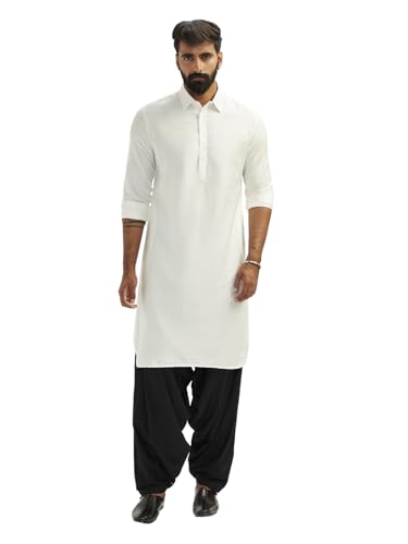 Image of VASTRAMAY Men's Black and White Viscose Pathani Kurta Set, Traditional Pathani Khan Suit Set in Viscose Fabric, and Salwar Patiala Pyjama for Weddings & Festival, Ethnic Outfit | Independence Day