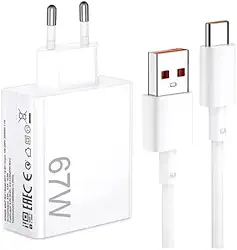 Carregador Turbo com Cabo USB-C, 67W, Branco, Plástico, Carregamento Rápido, Compacto, para Xiaomi e Smartphones com Entrada USB-C