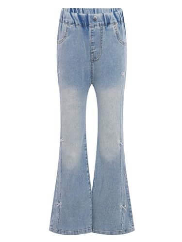 Kids Girls Bowknot Embroidery Flare Jeans Bootcut Trousers Elastic Waist Retro Style Denim Bell Bottom Pants3