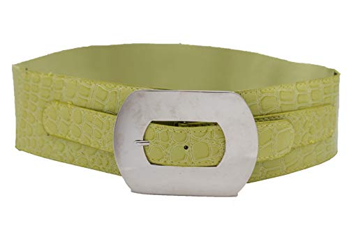 Women Fashion Elastic Faux Leather Wide Belt Silver Metal Buckle M L Bright Apple Green2