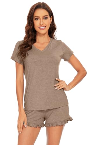 Image of WiWi Womens Pajamas Set Bamboo Viscose Super Soft Short Sleeve Top Ruffle Shorts Sleepwear Cooling Pj Sets S-XXL