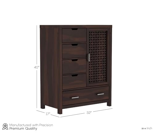 Image of Solid Sheesham Wood 5 Drawer Chest of Drawers with 2 Shelf Storage and Spacious Dresser for Hall Home Office Furniture, Kitchen Cabinet (Walnut Finish)
