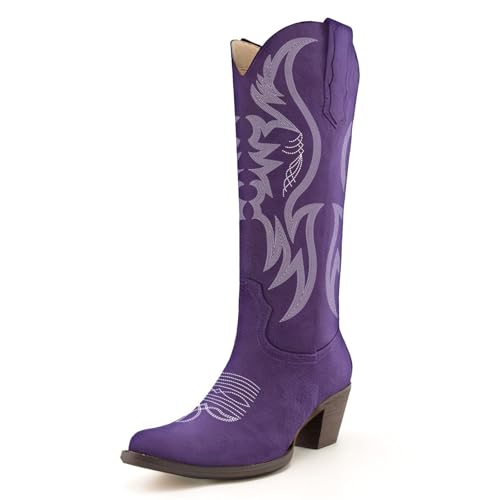 Image of KaroNairy Women Cowboy Boots Faux Suede Embroidered Pointed Thick Heeled Western Wide Calf Cowgirl Ponited Toe Mid Calf Boots