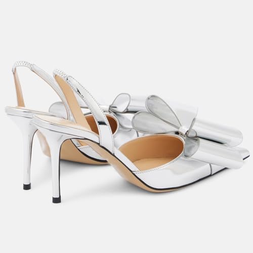 YIYA Women's Metallic Bow Kitten Heels Closed Pointed Toe Slingback Pumps Stiletto High Heels Slip On Party Dress Shoes3