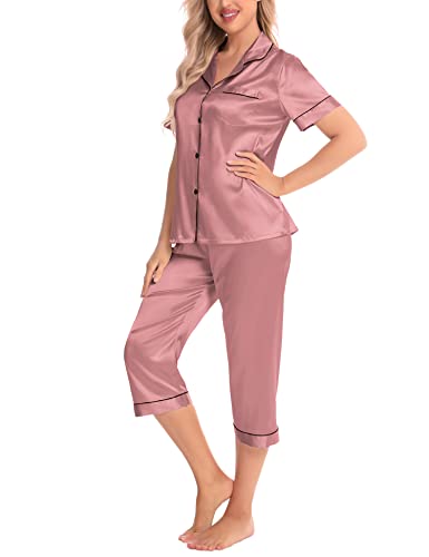 SWOMOG Satin Pajama Set Women Silk Pjs Set Short Sleeve 2 Piece Button Down Sleepwear Lounge Sets2