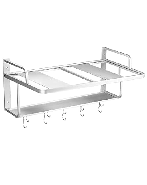 QWORK Microwave Oven Rack Shelf, Wall Mount Electric Oven Holders, Aluminum Double-Layer Microwave & Spice Rack, 2 Shelves with 10 Hooks, Support Load 88lbs, 21.65x15x9.84