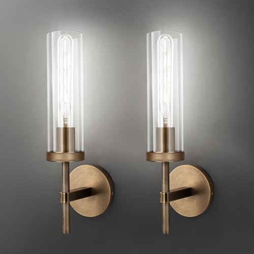Image of Bronze Wall Sconces Set of Two with White Light, 15'' Brushed Brass Knurled Bathroom Vanity Light with Clear Glass for Living Room Mirror Bedroom Stairs