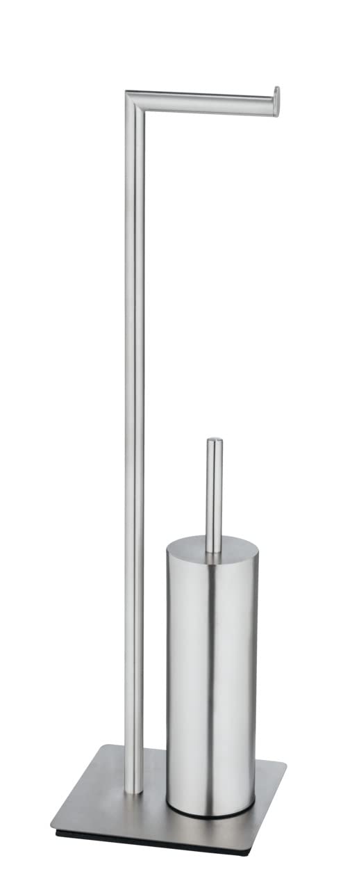 WENKO Set de accesorios de pie para inodoro Recco, escobillero y portarrollos de acero inoxidable satinado con base firme, incl. escobilla con cabezal de silicona, 20 x 71,5 x 20 cm