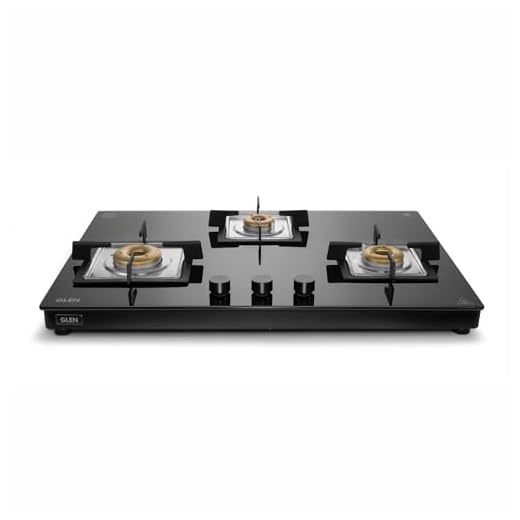 Glen 3 Burner Ultra Slim Premium LPG Gas Stove 75 cm | Auto Ignition | 1 Jumbo Forged Brass Burner | 8 MM Toughened Glass Top | Black | 360° Revolving Nozzle | Warranty 2 Years Standard