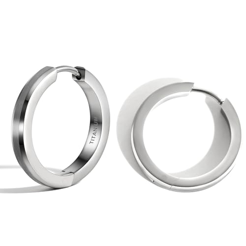 TGNEL Large Mens Titanium Hoop Earring for Sensitive Ears, Fashion Brushed Titanium Earrings Hoops for Men Bevel Silver