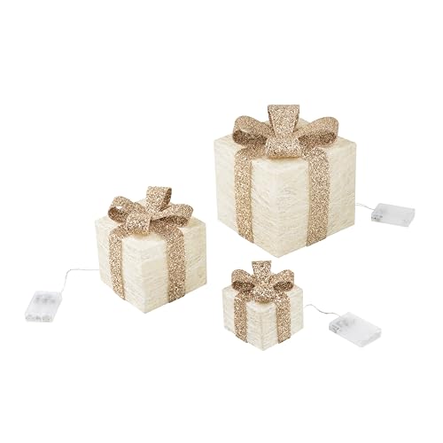 Bambelaa! 3er Led Deko Geschenke Leucht Boxen Timer Weihnachts Dekoration Weihnachtsdeko Beleuchtet Deko Weihnachten (Gold)