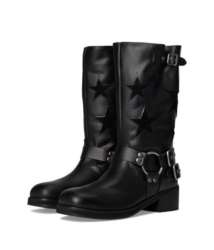 Image of Dingo Womens Blacklist Tooled Inlay Round Toe Pull On Motorcycle Casual Boots Mid Calf Mid Heel 2-3 inch