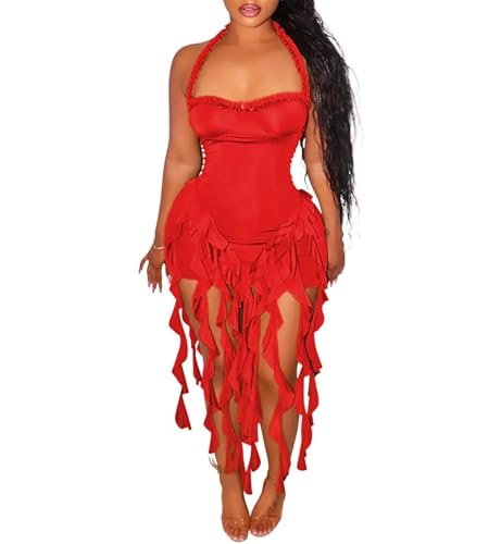 Aro Lora Womens Sexy Halter Neck Sleeveless Ruffle Tassel Party Club Bodycon Mini Dress