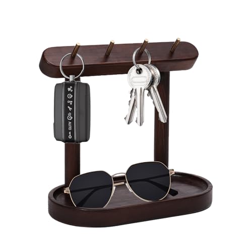 koundeneko キースタンド 木製 キーフック おしゃれ 多機能 ジュエリースタンド 鍵置き 玄関収納 トレイ付き ディスプレイスタンド 腕時計 メガネ ジュエリー 小物掛け 陳列棚 リビング 玄関 寝室 オフィス 店舗用