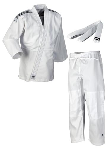 adidas Judoanzug J350 | Judo-GI für Kinder und Erwachsene | Für Training und Wettkampf | Stoffgewicht 350g/qm | Anzug Weiß, 110 cm, Schulterstreifen Schwarz