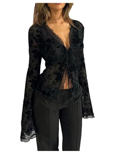 GORGLITTER Women's Tie Front Tops Gothic Sheer Mesh Bell Long Sleeve See Through Fall Blouses Tops Soft Grunge Outfit