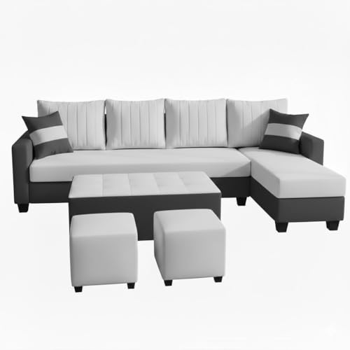 Image of FURNY Avenue 8 Seater Fabric RHS L Shape Sofa Set with 1 Centre Table & 2 Puffy (Light Grey-Dark Grey) Premium Velvet Finish