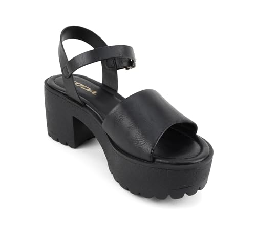 Image of Soda inchStacie inch ~ Women Open Toe Lug Sole Mid Block Heeled Sandals with Adjustable Ankle Strap
