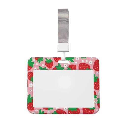 Double-Sided Sliding Cover ID Badge Holder Hard Plastic Case with Clear Window Card Protector Pouch for Office ID Credit Cards Full Screen Strawberry