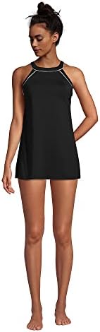Lands’ End Womens Chlorine Resistant High Neck Swim Dress Black/White Mastectomy 10