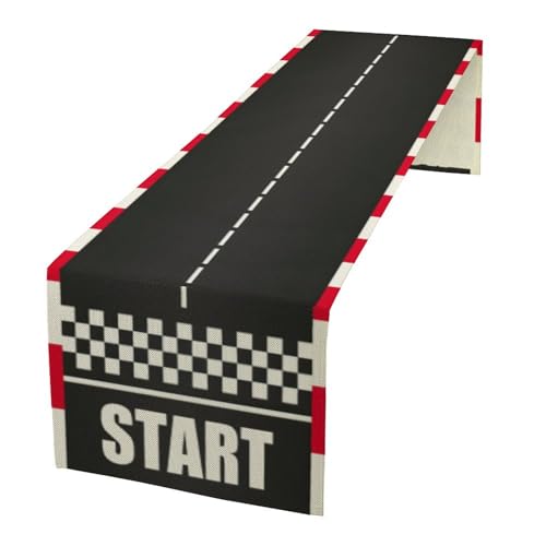 Kids Black Race Track Table Runner Racing Theme Art Printed Seasonal Spring Fall for Home Living Room Kitchen Cafe Rectangular Table Decor 13x70in