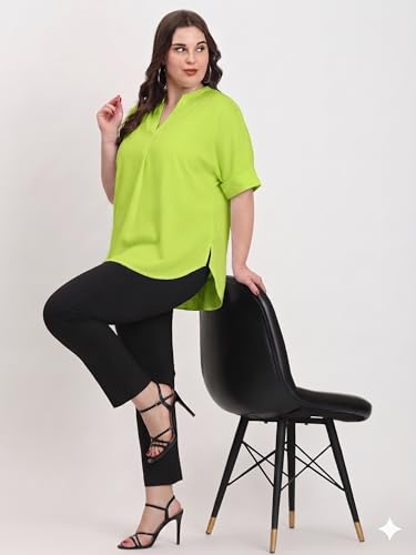 Image of SINDOORI Relaxed Fit Tops for Women Plus Size Solid Printed Mandarin Collar, Band Collar, V-Neck Top, Half Sleeve Loose Fit