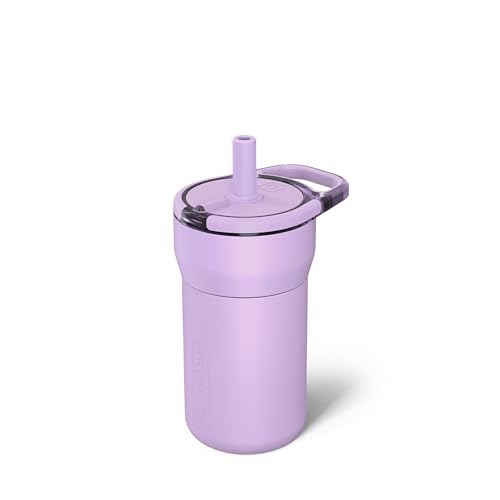 Image of BruMate Leap 12oz 100% Leakproof Kids Tumbler with Handle and Silicone Soft Straw | Durable Drop Resistant Silicone Sleeve | Made of Insulated Stainless Steel | Cup Holder Friendly | 12oz (Lavender)