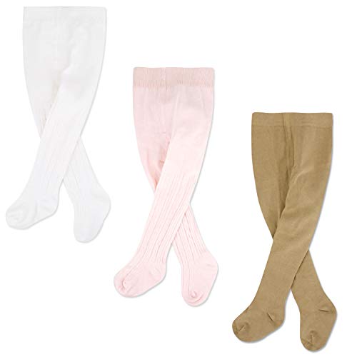 Baby Girl Tights Cable Knit Leggings Stockings Cotton Pantyhose Tights for Newborn Infants Toddler 1t-2t Months Beige White Pink 3 Pack