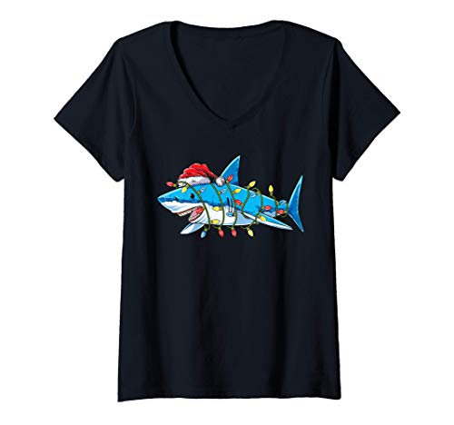 Femme Santa Shark Christmas Lights Funny Sharkmas Xmas Gifts Men T-Shirt avec Col en V