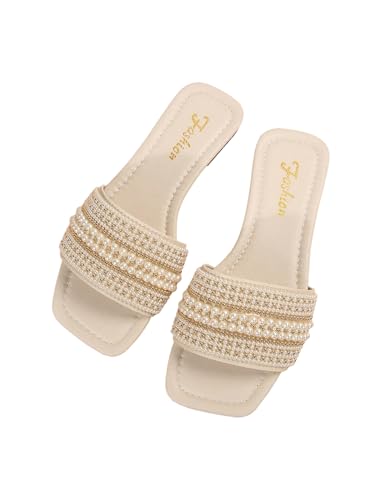 GORGLITTER Women's Pearl Summer Beach Sandals Square Open Toe Slip On Flat Slides