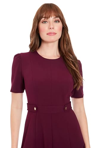 London Times Women's Short Sleeve Crepe Fit and Flare Midi with Waist Button Detail4