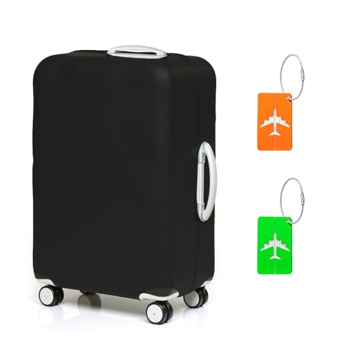 Kofferschutzhülle L, Elastische Koffer Cover für 26-28 Zoll, Waschbar Kofferhülle L Schwarz Koffer Abdeckung, Reise Kofferüberzug Schutzhülle mit 2 Gepäckanhängern für Reisegepäck, Trolleys und Koffe