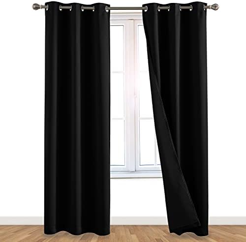 100% Blackout Window Curtains: Room Darkening Thermal Window Treatment with Light Blocking Black Liner for Bedroom, Nursery and Day Sleep – 2 Pack of Drapes, Midnight Black (84” Drop x 42” Wide Each)
