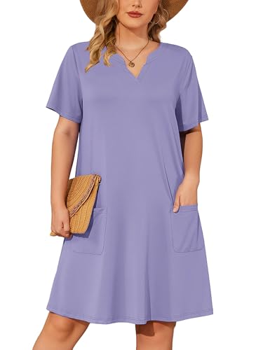 Image of AusLook Plus Size Midi Dress for Women V Neck Short Sleeve Summer Casual Loose Fit Vacation Sundress with Pockets 1X-5X
