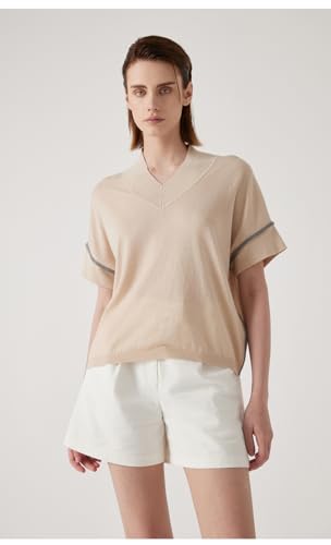 V-Neck Linen Blend Short Sleeve Sweater, Metallic Trim Detail, Relaxed Fit, BY4511177 (US, Alpha, Small, Regular, Regular, Khaki)4