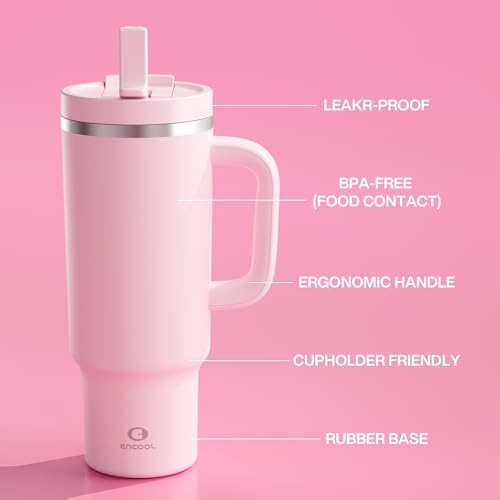 Image of 40 oz Tumbler with Handle and Straw: Stainless Steel Insulated Tumbler Keeps Cold for 24 Hours, Leakproof Travel Cup Fits in Cup Holder and BPA-Free, Cotton Candy