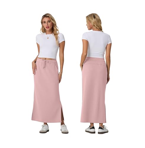 Image of Lepunuo Women's High Waisted Sweat Maxi Skirt with Pockets Slit | Ultra Soft Sweat Fabric, High Waist Drawstring, Deep Phone Pockets, Side Slit for Movement, Ideal for Lounge Travel