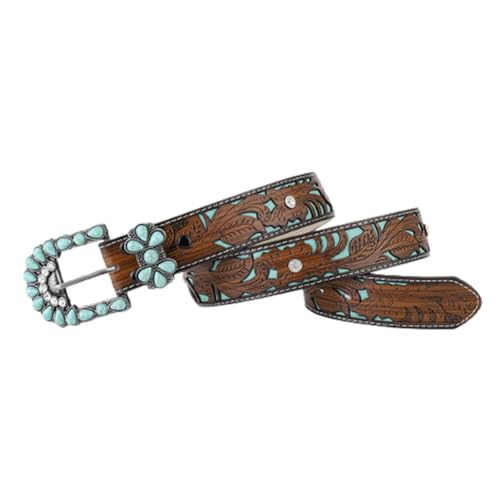 Unisex Western Cowgirl Cowboy Embossed Belt - Feather Flower Pattern Buckle For Jeans Pants3
