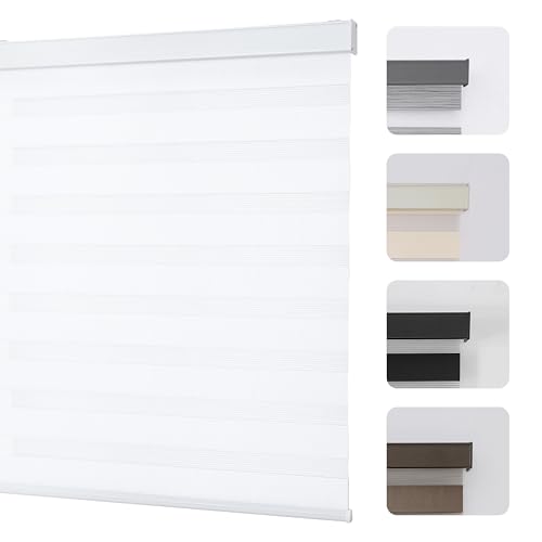 Joydeco Cordless Zebra Blinds for Windows, Dual Layer Light Control Window Blinds with Light-Proof Aluminum Cover, Free-Stop Roller Shades for Home & Office (White,22" W x 75" H)