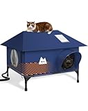 Heated Cat House for Outside Cats Winter, Large Hip Roof 100% Waterproof Outdoor Cat House, Elevated Base, Weatherproof Insulated Shelter for Stray Feral Barn Cat (Dark Blue, 20" Lx16 Wx14 H)