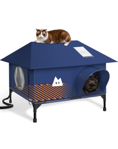 Heated Cat House for Outside Cats Winter, Large Hip Roof 100% Waterproof Outdoor Cat House, Elevated Base, Weatherproof Insulated Shelter for Stray Feral Barn Cat (Dark Blue, 20" Lx16 Wx14 H)